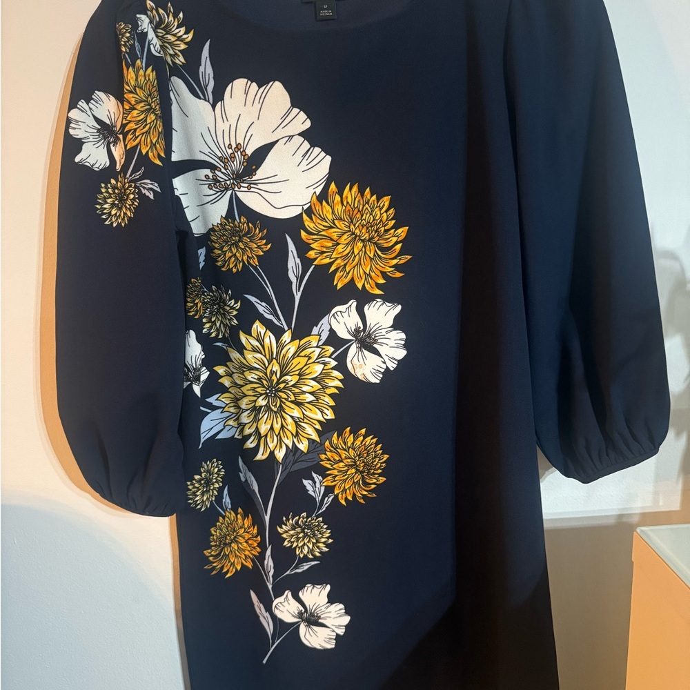Ann Taylor Factory Petite Navy Floral Long Sleeve Dress | SP